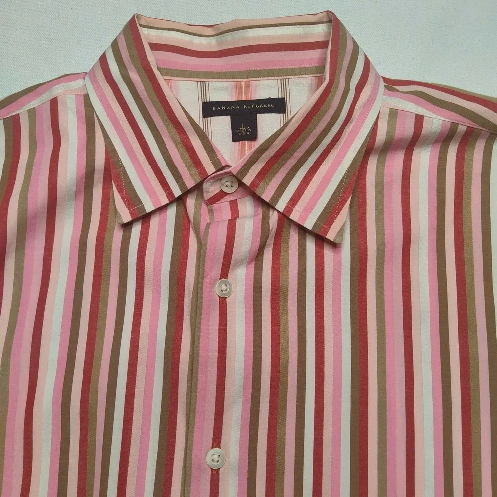 VTG Banana Republic Men Large Pink Striped Flip Cuff Cotton Button‎ Shirt